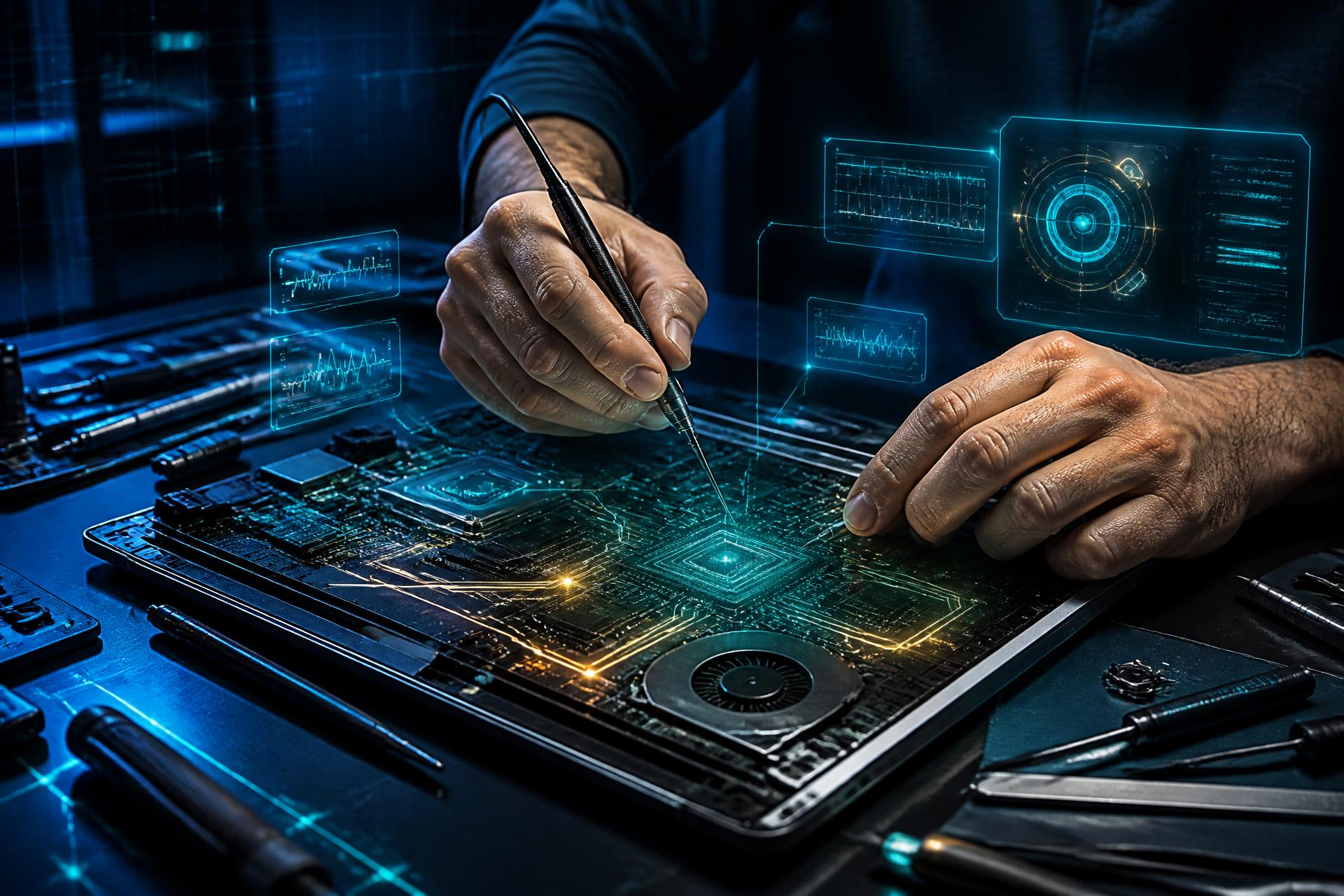 HOPE Systems technician performing chip-level laptop motherboard repair